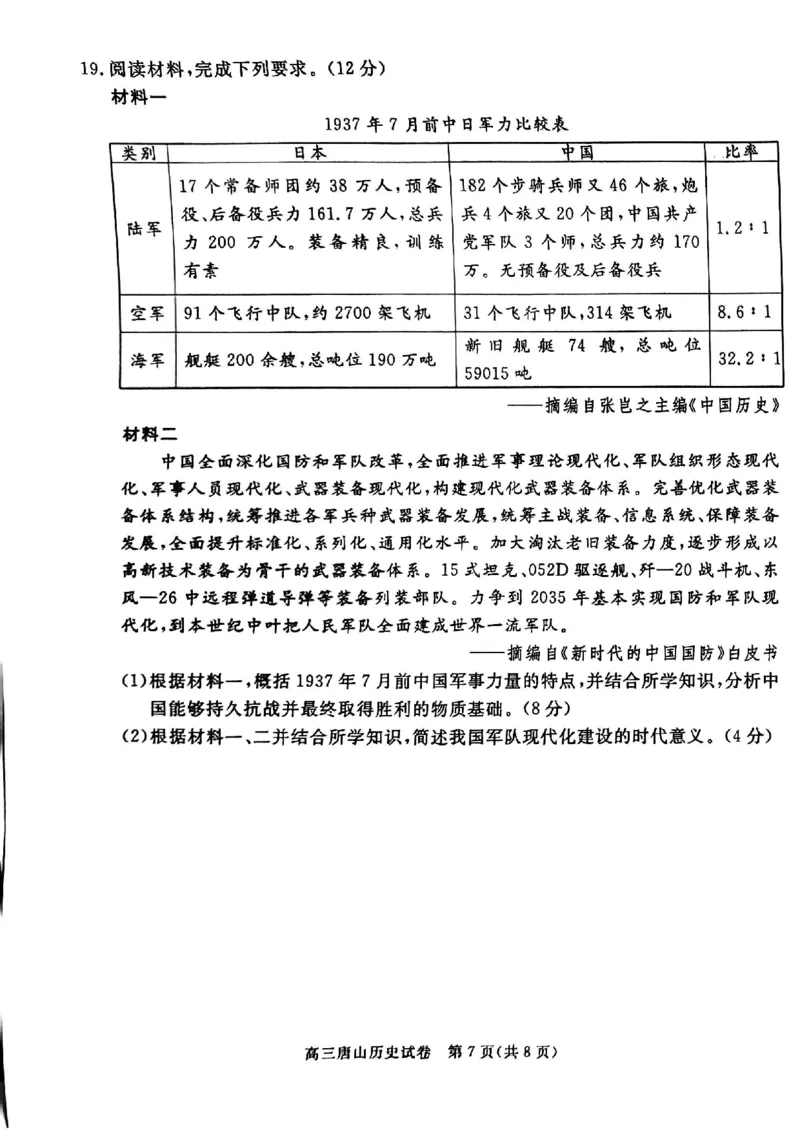 唐山市2025年普通高等院校招生第一次拟演练历史_2025年3月_250312河北省唐山市2025年普通高等院校招生第一次拟演练（唐山一模）（全科）