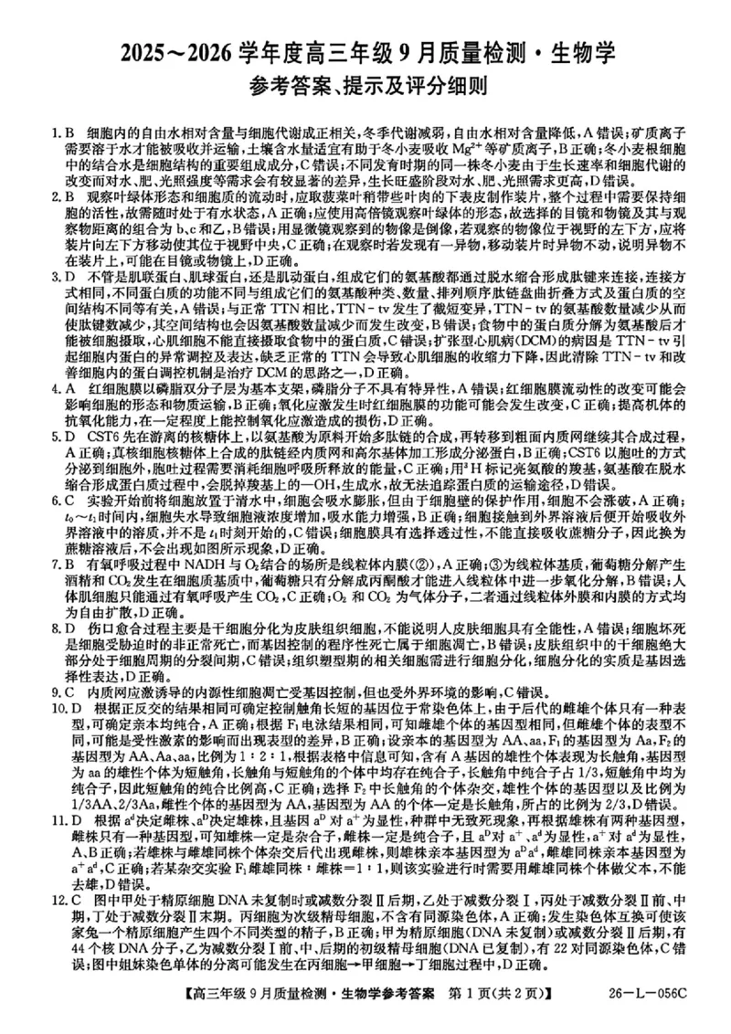 生物答案_2025年9月_250926河北省2025-2026学年高三上学期9月质量检测（26-L-056C）_河北省2025-2026学年高三上学期9月质量检测生物