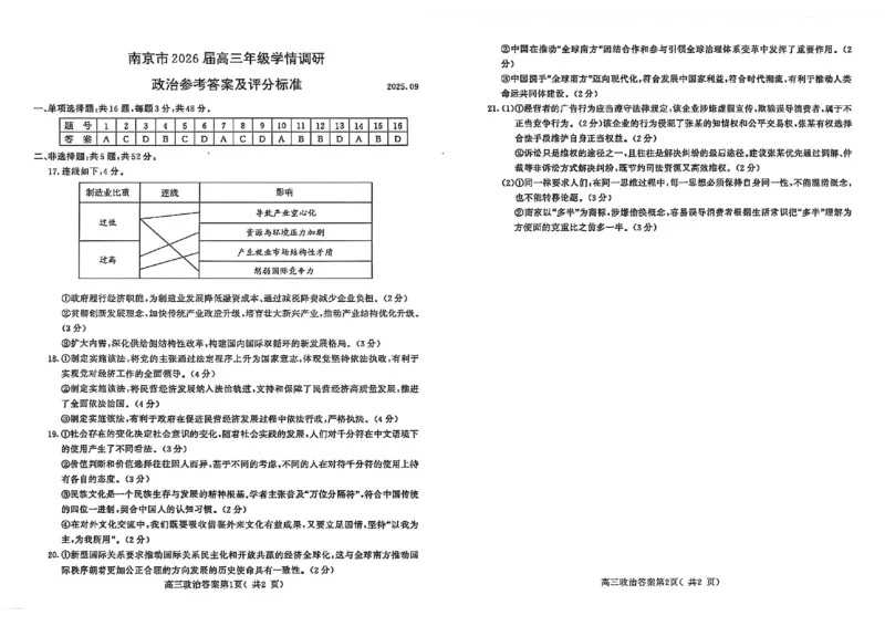 南京市2026届高三年级学情调研政治答案_2025年9月_250919江苏省南京市2026届高三上学期9月零模学情调研（全科）_江苏省南京市2026届高三年级9月学情调研政治试题+答案