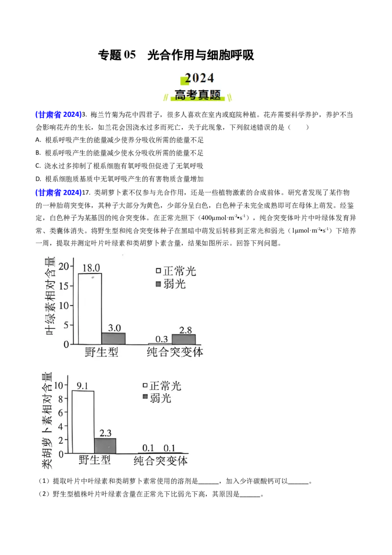 专题05光合作用与细胞呼吸-2024年高考真题和模拟题生物分类汇编(学生卷）_近10年高考真题汇编（必刷）_十年（2014-2024）高考生物真题分项汇编（全国通用）