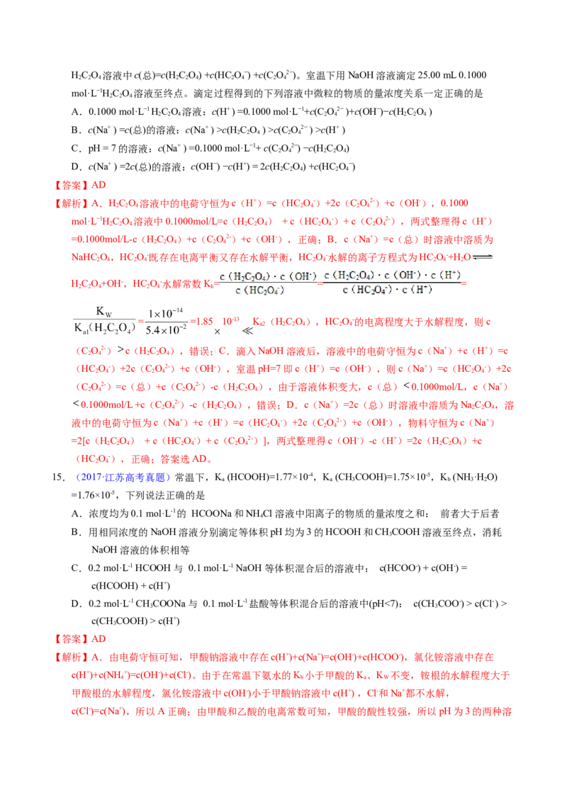 专题63溶液中粒子浓度大小比较（解析卷）_近10年高考真题汇编（必刷）_十年（2014-2024）高考化学真题分项汇编（全国通用）_十年（2014-2023）高考化学真题分项汇编（全国通用）