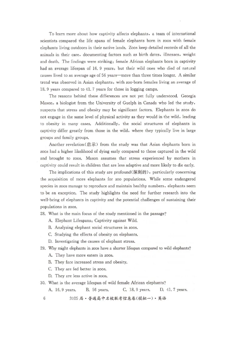 湖南省2025届普通高中名校联考信息卷（模拟一）英语_2025年3月_250331湖南省2025届普通高中名校联考信息卷（模拟一）（全科）_湖南省2025届普通高中名校联考信息卷（模拟一）英语