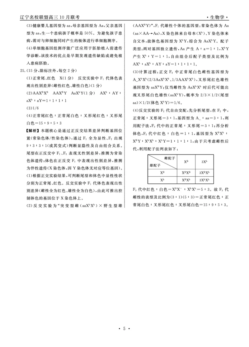 生物2025年辽宁高三10月联考答案_2025年10月_251012辽宁省名校联盟2025年高三10月份联合考试（全科）