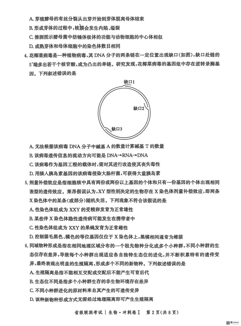 河北省2024-2025高三省级联测考试生物+答案_2025年2月_250227河北省2024-2025高三省级联测考试（冲刺卷I）（全科）