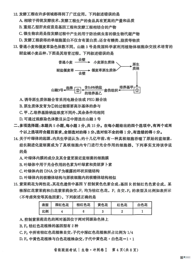 河北省2024-2025高三省级联测考试生物+答案_2025年2月_250227河北省2024-2025高三省级联测考试（冲刺卷I）（全科）