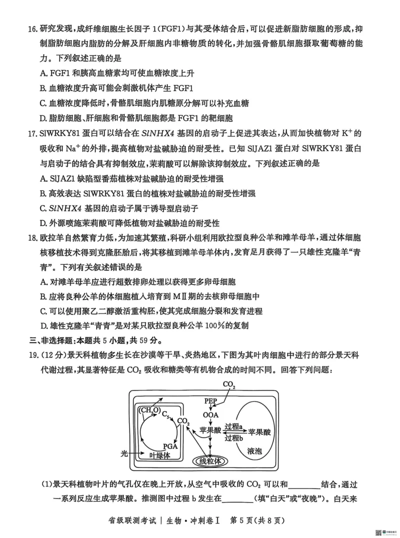 河北省2024-2025高三省级联测考试生物+答案_2025年2月_250227河北省2024-2025高三省级联测考试（冲刺卷I）（全科）