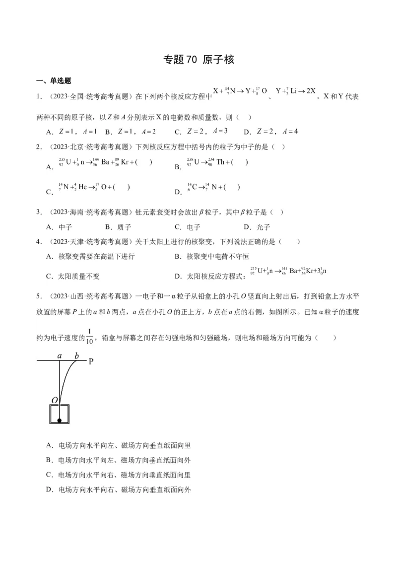 专题69原子核（原卷卷）-十年（2014-2023）高考物理真题分项汇编（全国通用）_近10年高考真题汇编（必刷）_十年（2014-2024）高考物理真题分项汇编（全国通用）