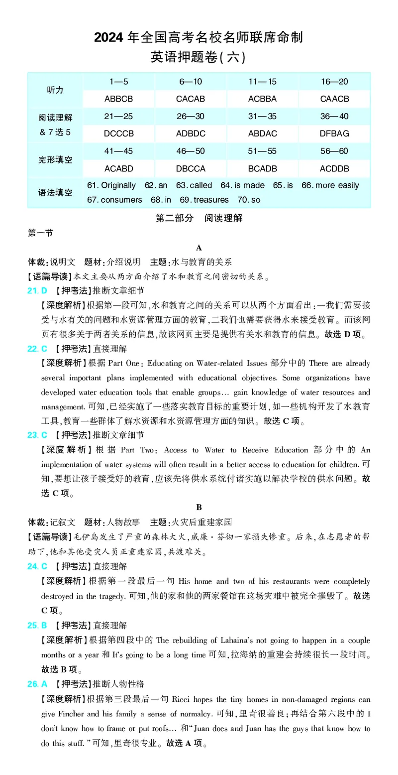 6_2024高考押题卷_42024理想树全系列_2024（理想树）系列_（全国版）2024《高考必刷卷&middot;押题卷》英语_2024高考必刷卷押题卷英语全国版图书答案