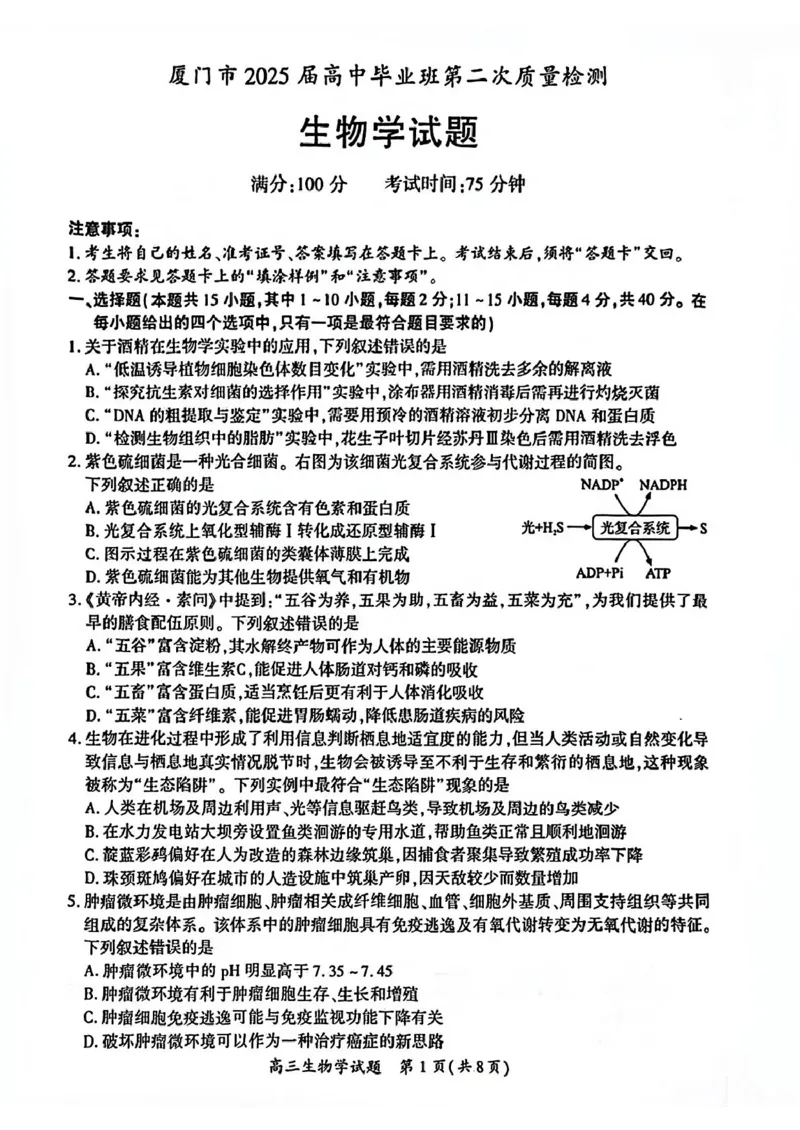 厦门市2025届高三毕业班第二次质量检测生物试题（含答案）_2025年3月_250308福建省厦门市2025届高三毕业班第二次质量检测（全科）