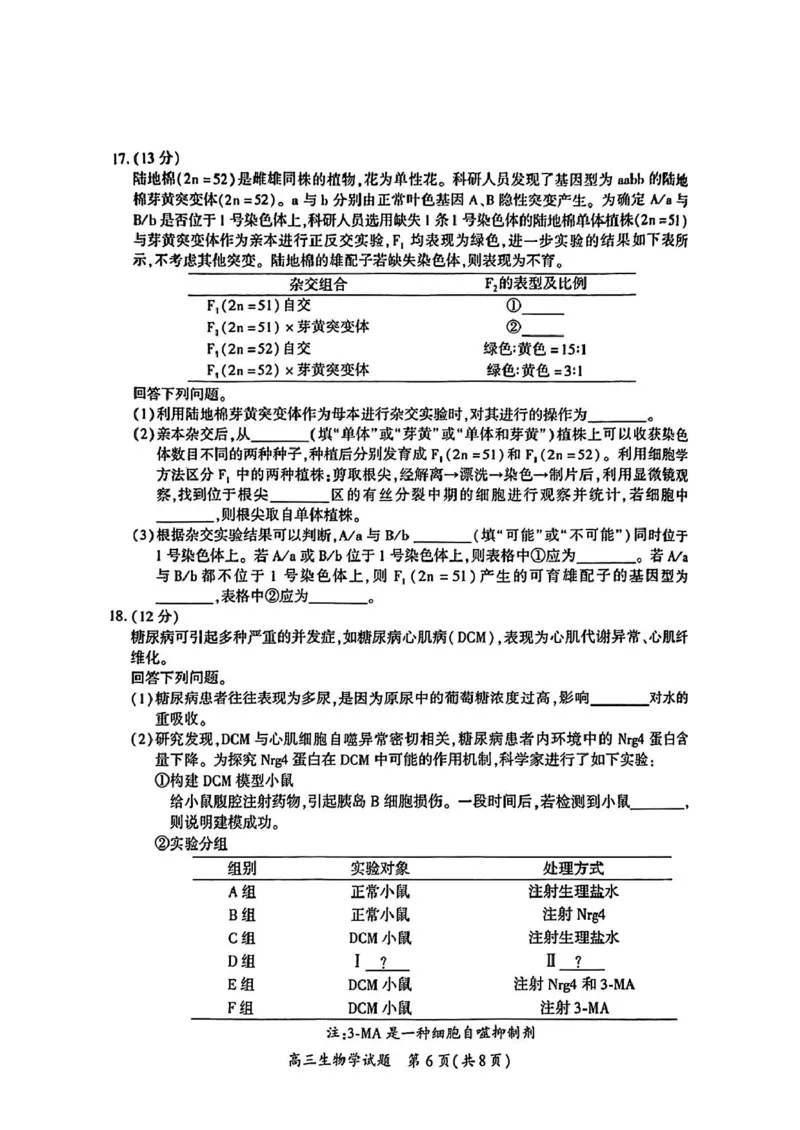 厦门市2025届高三毕业班第二次质量检测生物试题（含答案）_2025年3月_250308福建省厦门市2025届高三毕业班第二次质量检测（全科）