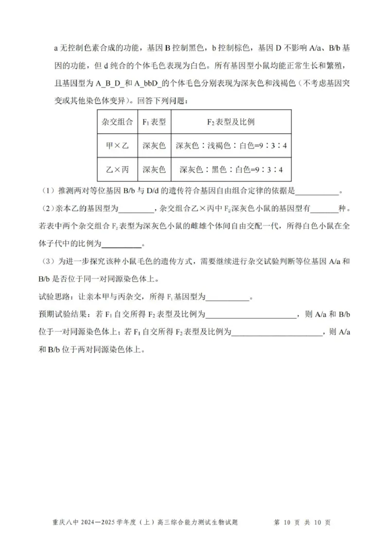 重庆市第八中学2025届高三上学期1月综合能力测试（期末）生物PDF版含答案_2025年1月_250108重庆市第八中学2025届高三上学期1月综合能力测试（期末）（全科）