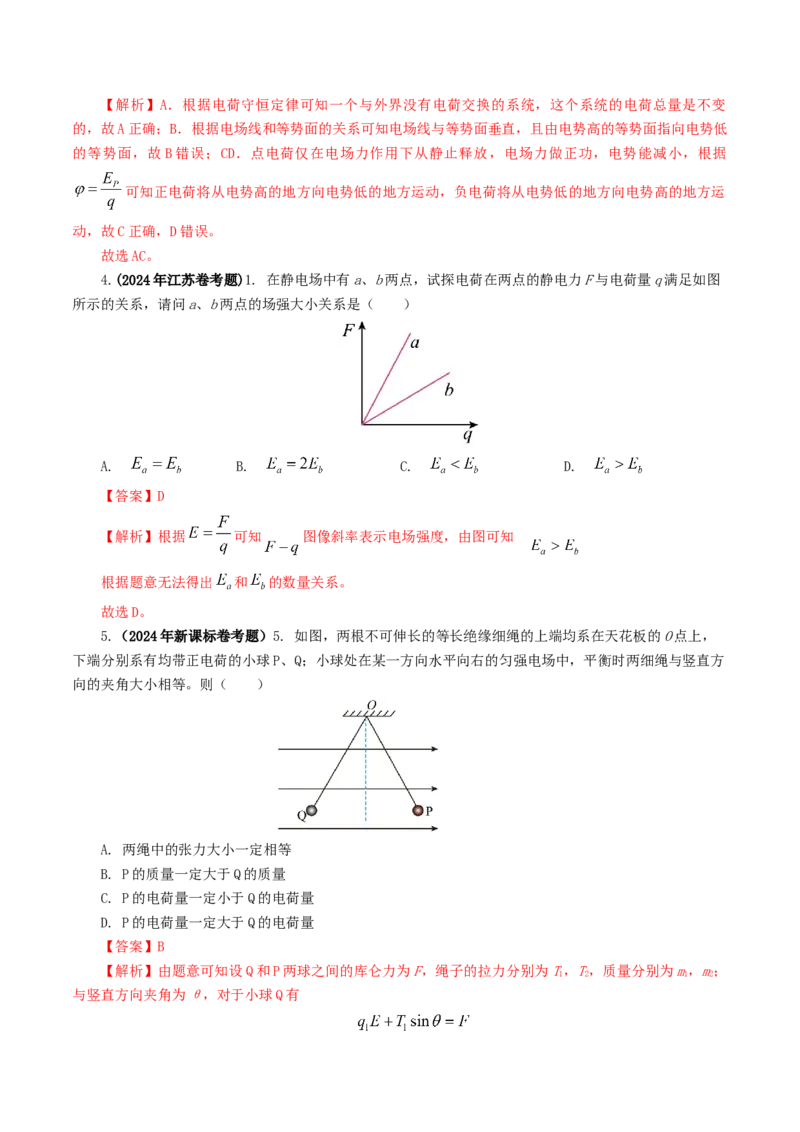 专题08电场-2024年高考真题和模拟题物理分类汇编（教师卷）_近10年高考真题汇编（必刷）_十年（2014-2024）高考物理真题分项汇编（全国通用）