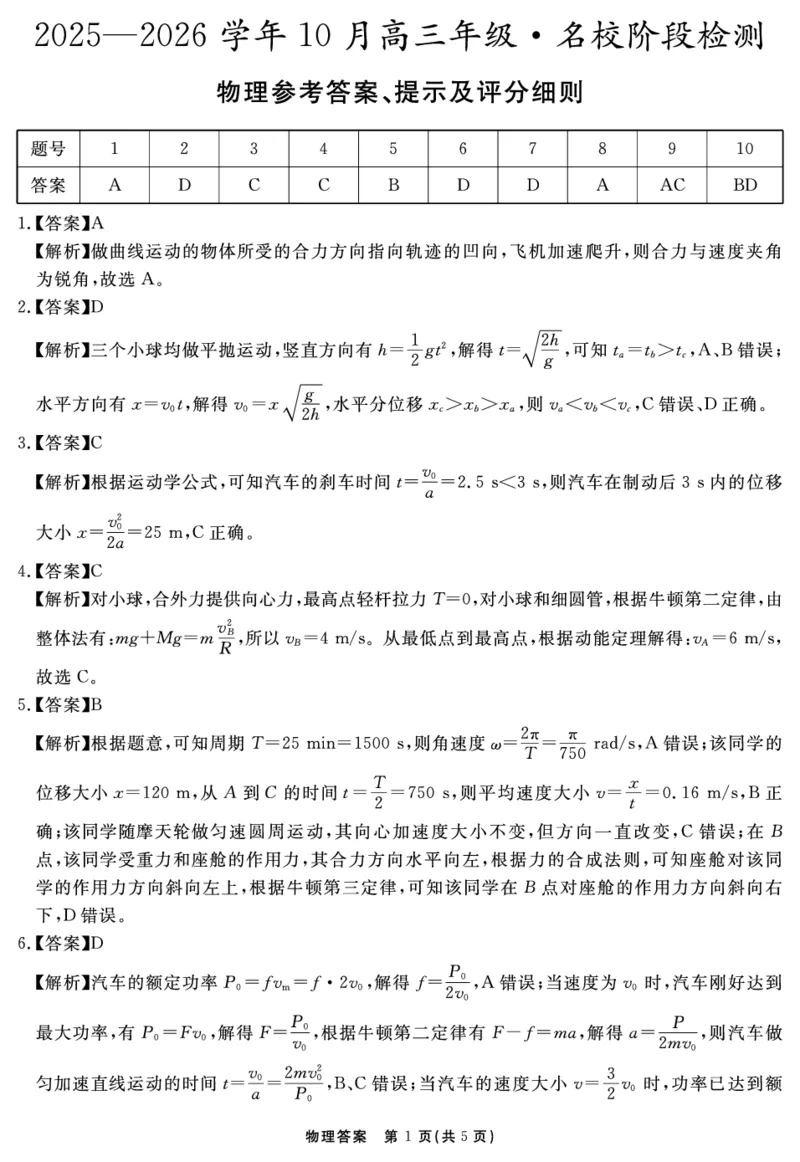 安徽省2025-2026学年度&ldquo;耀正优&rdquo;高三年级10月阶段检测物理答案_2025年10月_251017安徽省202-2026学年度&ldquo;耀正优&rdquo;高三年级10月阶段检测（全科）