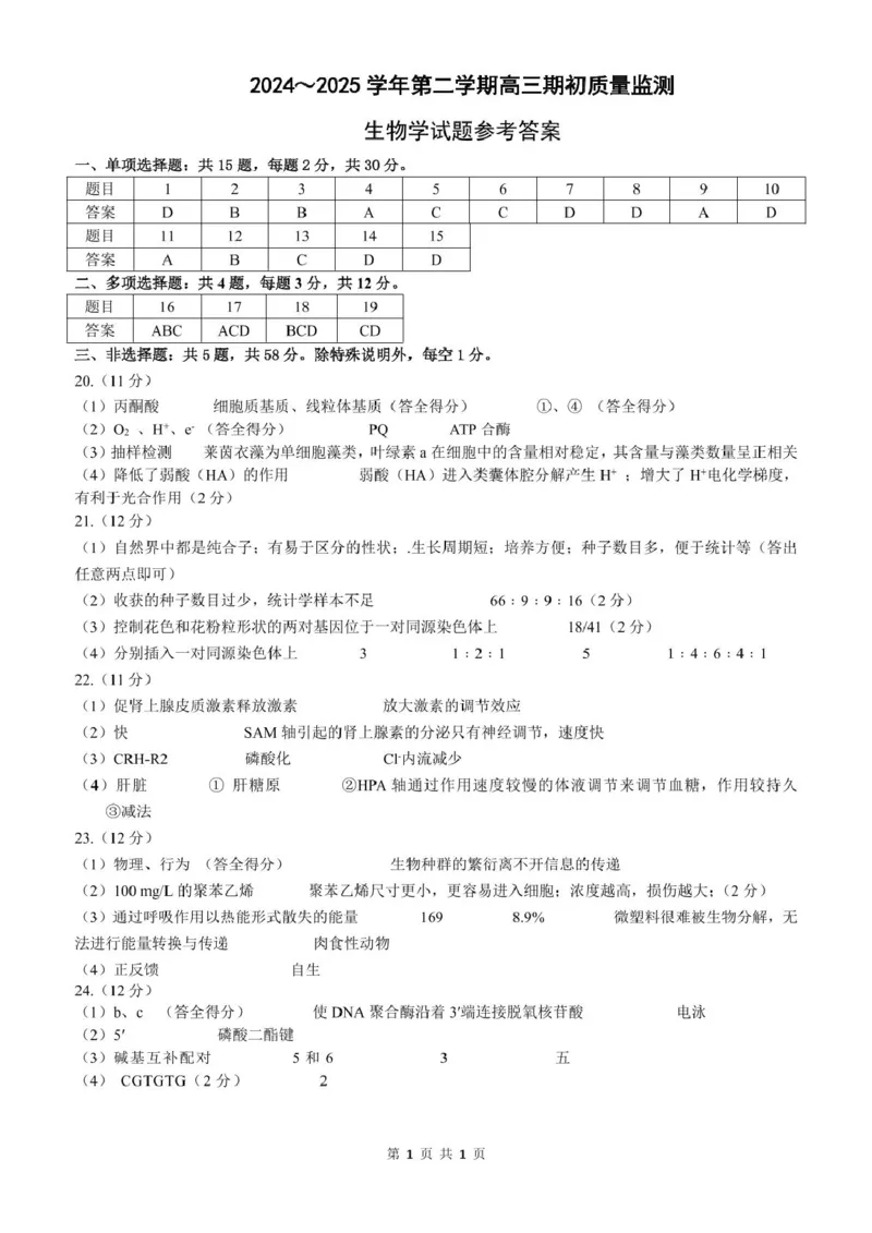 江苏省镇江市2024-2025学年高三下学期开学考试生物试题答案_2025年2月_250225江苏省镇江市2024-2025学年高三下学期期初质量监测_江苏省镇江市2024-2025学年高三下学期期初质量监测生物学