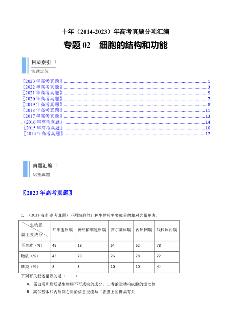 专题02细胞的结构和功能（原卷卷）_近10年高考真题汇编（必刷）_十年（2014-2024）高考生物真题分项汇编（全国通用）_十年（2014-2023）高考生物真题分项汇编（全国通用）