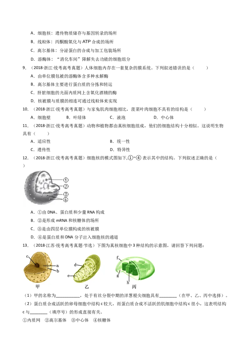 专题02细胞的结构和功能（原卷卷）_近10年高考真题汇编（必刷）_十年（2014-2024）高考生物真题分项汇编（全国通用）_十年（2014-2023）高考生物真题分项汇编（全国通用）