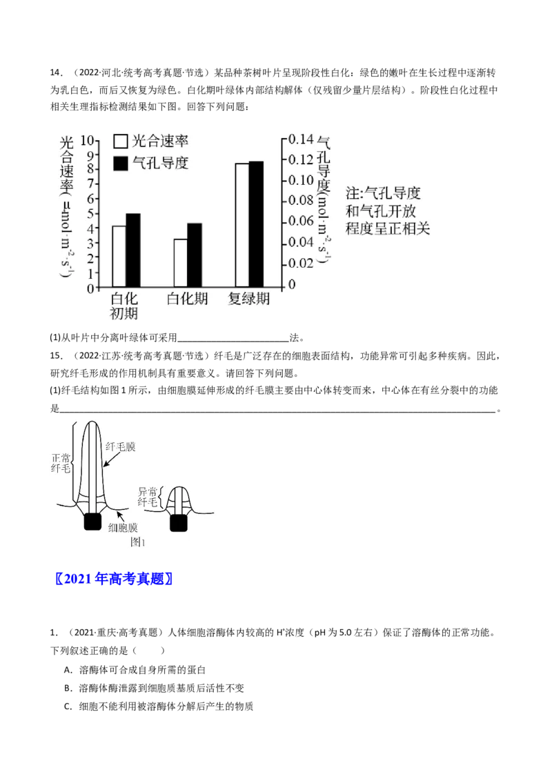 专题02细胞的结构和功能（原卷卷）_近10年高考真题汇编（必刷）_十年（2014-2024）高考生物真题分项汇编（全国通用）_十年（2014-2023）高考生物真题分项汇编（全国通用）