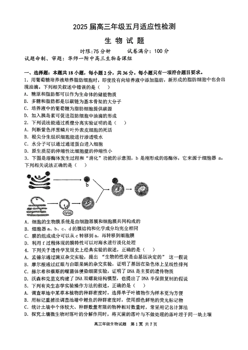 华师一附中五月适应性检测生物_2025年5月_250531湖北省武汉市华中师范大学第一附属中学2025届高三下学期五月适应性检测（全科）