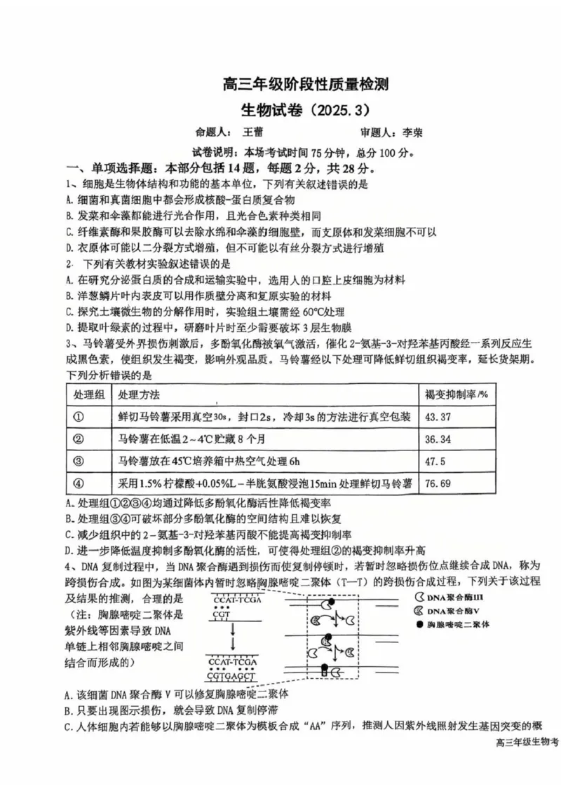 江苏省盐城中学2024-2025学年高三下学期3月月考生物+答案_2025年3月_250316江苏省盐城中学2024-2025学年高三下学期3月月考试题
