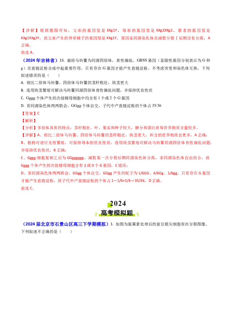 专题06细胞的增殖-2024年高考真题和模拟题生物分类汇编（教师卷）_近10年高考真题汇编（必刷）_十年（2014-2024）高考生物真题分项汇编（全国通用）