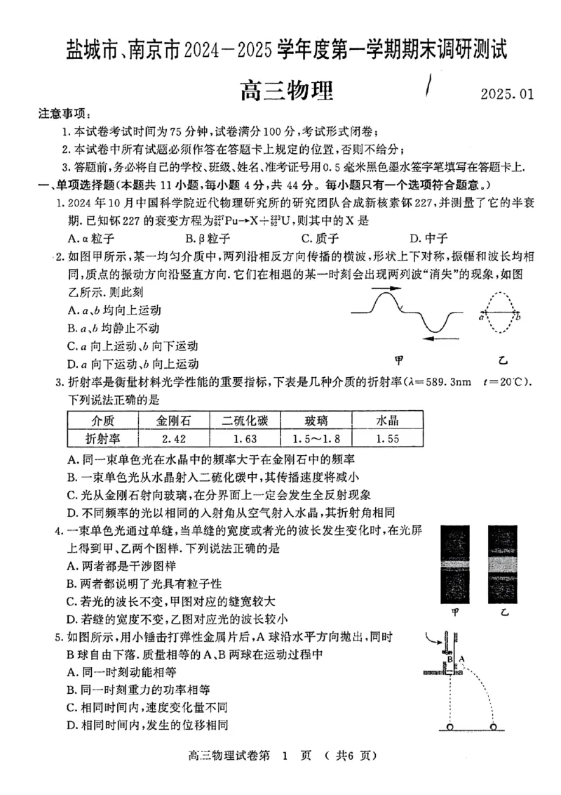 物理试卷南京-盐城2025高三期末调研考试卷_2025年1月_250107江苏省南京市、盐城市2025届高三上学期第一次模拟考试（全科）