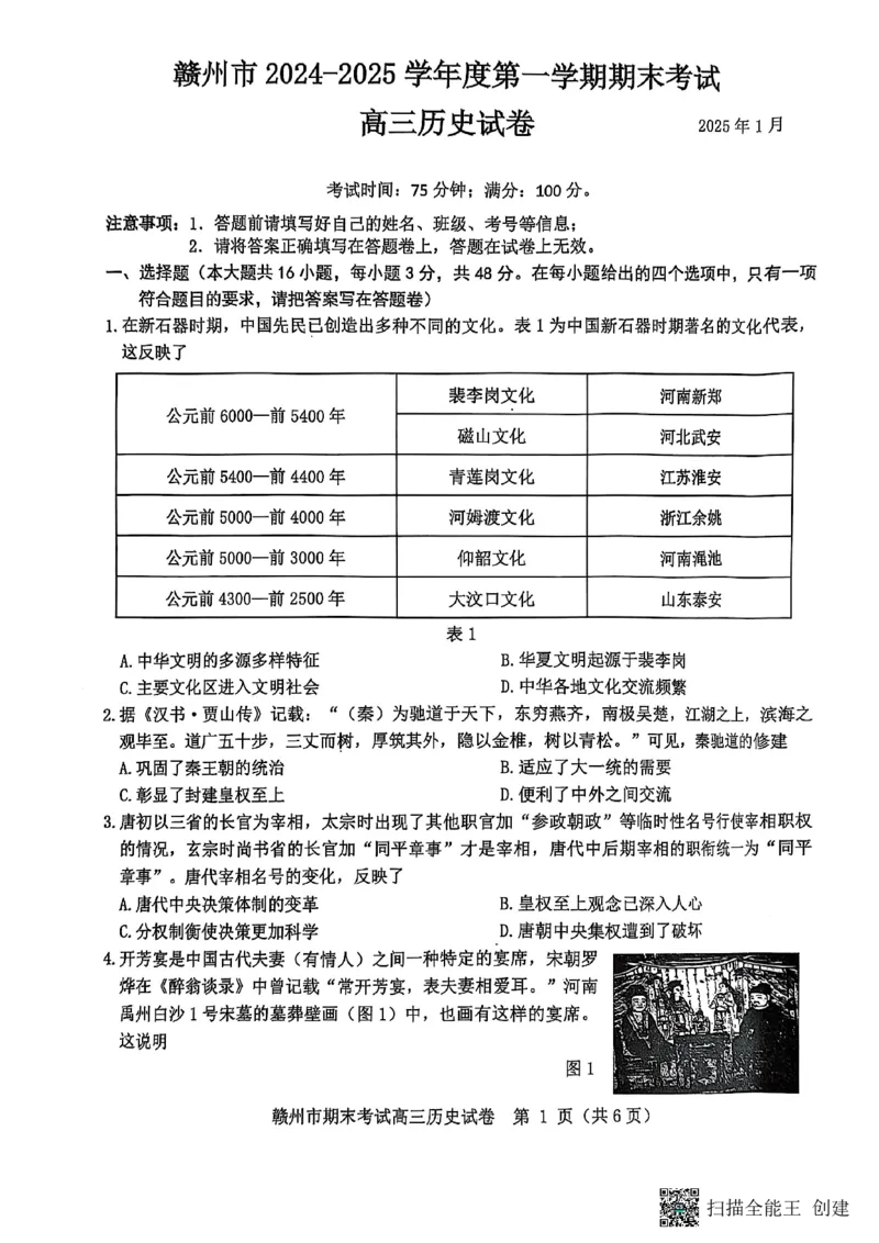 江西省赣州市2024-2025学年高三上学期期末考试历史试题_2025年1月_250119江西省赣州市2024-2025学年度第一学期高三期末考试（全科）_江西省赣州市2024-2025学年高三上学期1月期末考试历史