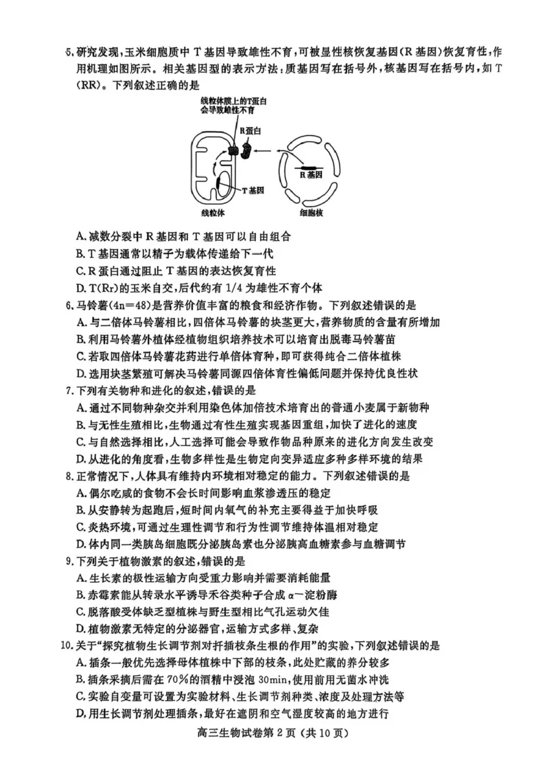 江苏省盐城市、盐城市2024-2025学年高三下学期第二次模拟考试生物试题（PDF版，无答案）_2025年3月_250321江苏省南京市、盐城市2025届高三第一次模拟考试（全科）