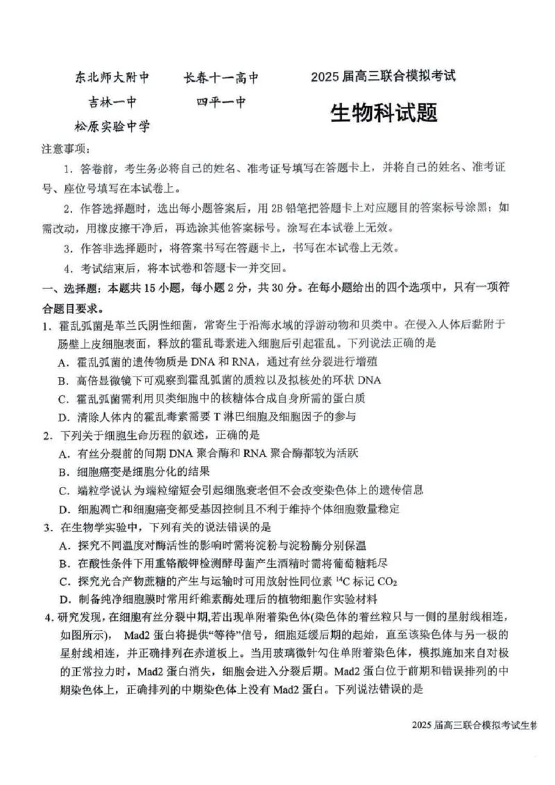 吉林省长春市东北师范大学附属中学等五校2024-2025学年高三上学期期末考试生物+答案_2025年1月_250123吉林省长春市东北师范大学附属中学等五校2024-2025学年高三上学期期末考试