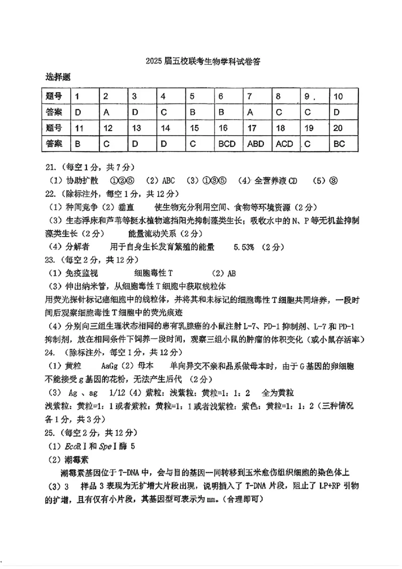 吉林省长春市东北师范大学附属中学等五校2024-2025学年高三上学期期末考试生物+答案_2025年1月_250123吉林省长春市东北师范大学附属中学等五校2024-2025学年高三上学期期末考试