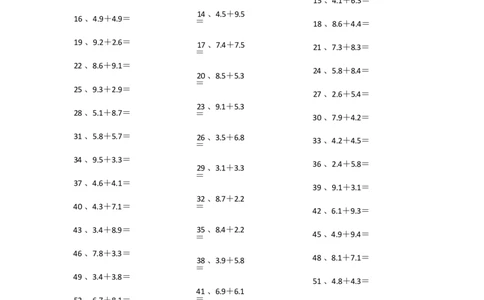 1位小数+1位小数第1-20篇_编码0121-6年级数学口算计算_口算题（适合4年级）_小数-加法（160篇）_（小数）1位小数+1位小数（100篇）