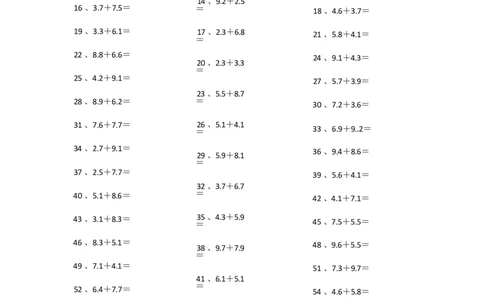 1位小数+1位小数第1-20篇_编码0121-6年级数学口算计算_口算题（适合4年级）_小数-加法（160篇）_（小数）1位小数+1位小数（100篇）