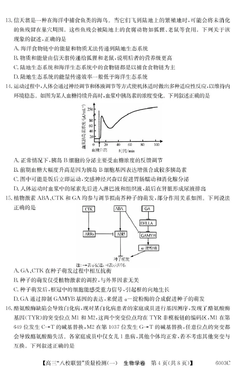 广东省八校联盟2025-2026学年高三上学期质量检测（一）生物试卷（含答案）_2025年8月_250807广东省八校联盟2025-2026学年高三质量检测（一）(6003C)（全科）