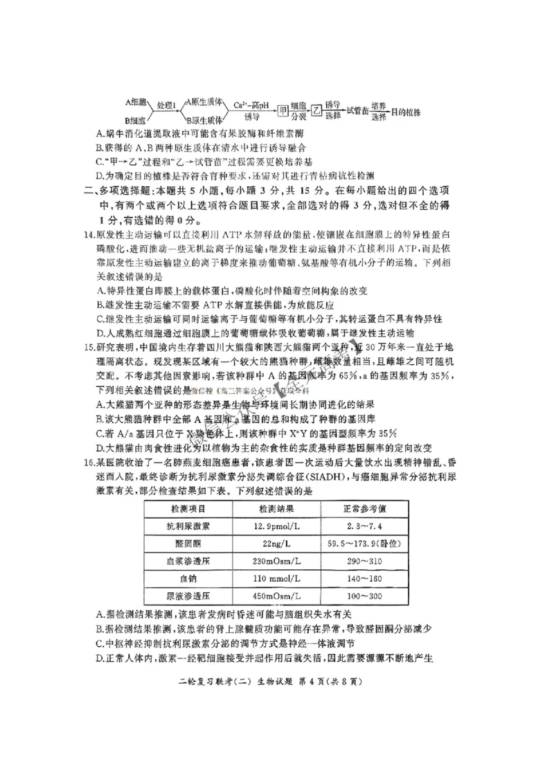 生物_2025年4月_2504252025届河南省百师联盟高三下学期4月二轮复习联考_生物