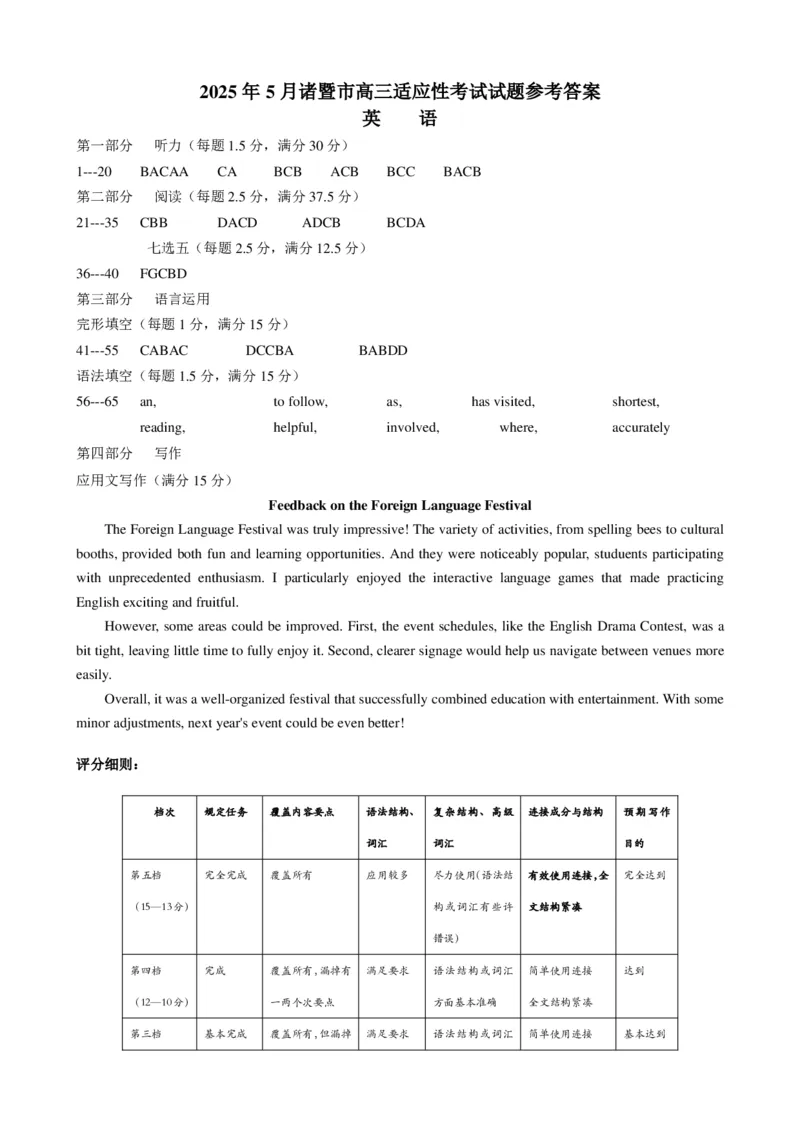 浙江省诸暨市2025年5月高三适应性考试-英语答案_2025年5月_250515浙江省诸暨市2025年5月高三适应性考试（全科）