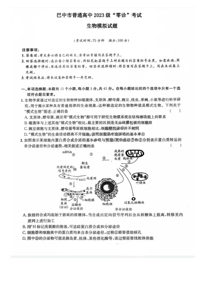 四川省巴中市普通高中2023级&ldquo;零诊&rdquo;模拟考试生物_2025年8月_250817四川省巴中市普通高中2023级&ldquo;零诊&rdquo;模拟考试_四川省巴中市2026届高三&ldquo;零诊&rdquo;模拟考试生物