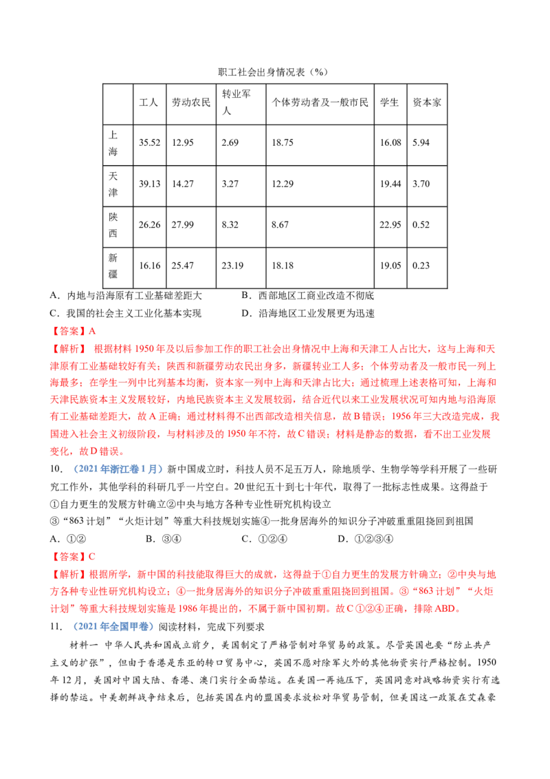 专题09中华人民共和国成立和社会主义革命与建设（解析卷）_近10年高考真题汇编（必刷）_十年（2014-2024）高考历史真题分项汇编（全国通用）