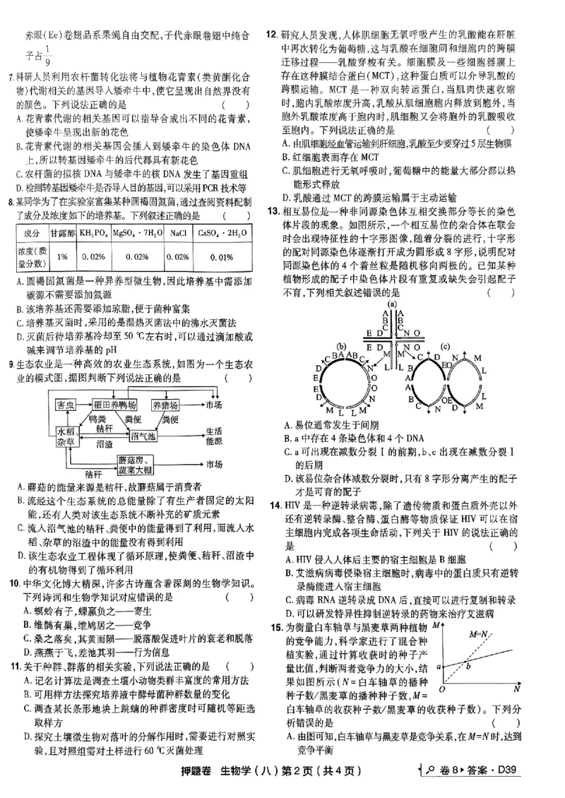 万向思维生物生物试卷合集_2024高考押题卷_112024高考快递全系列_（新高考）《万向思维&middot;高考快递高考押题卷》8套_万向思维&middot;高考快递高考押题卷8套生物