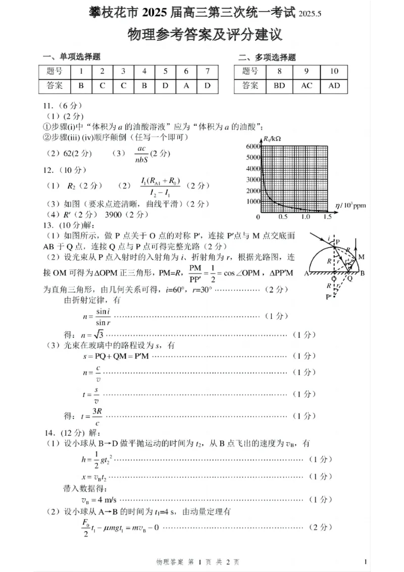 四川省攀枝花市2025届高三第三次统一考试物理答案_2025年5月_250515四川省攀枝花市2025届高三第三次统一考试（攀枝花三统）（全科）
