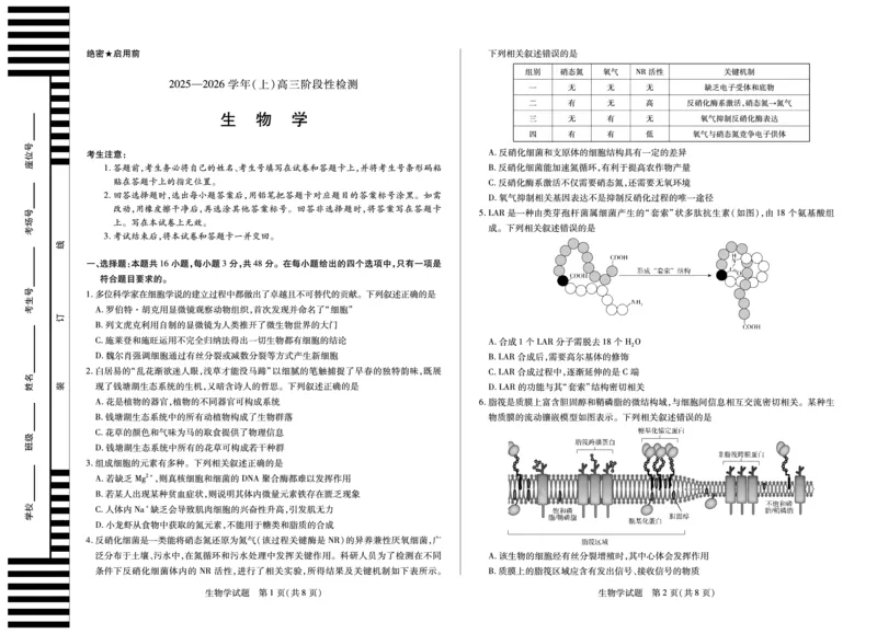 河南省2025&mdash;2026学年（上）高三阶段性检测生物_2025年10月_251021天一大联考&middot;河南省2025&mdash;2026学年（上）高三阶段性检测（全科）