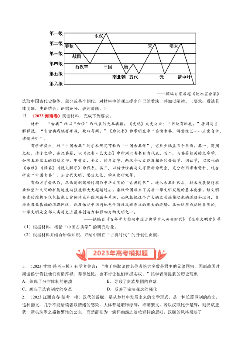 专题02秦汉和魏晋南北朝时期（原卷卷）_近10年高考真题汇编（必刷）_十年（2014-2024）高考历史真题分项汇编（全国通用）_2023年高考真题和模拟题历史分项汇编（全国通用）