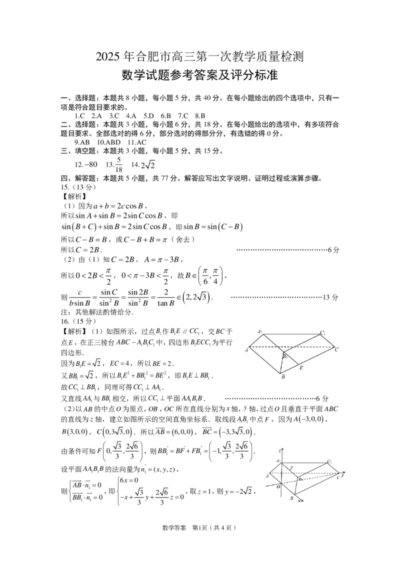合肥一模数学答案_2025年1月_250119安徽省合肥市2025届高三第一次教学质量检测（全科）_安徽省合肥市2025届高三第一次教学质量检测数学