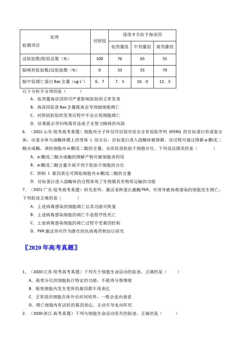 专题09细胞的分化、衰老、凋亡及癌变（原卷卷）_近10年高考真题汇编（必刷）_十年（2014-2024）高考生物真题分项汇编（全国通用）_十年（2014-2023）高考生物真题分项汇编（全国通用）