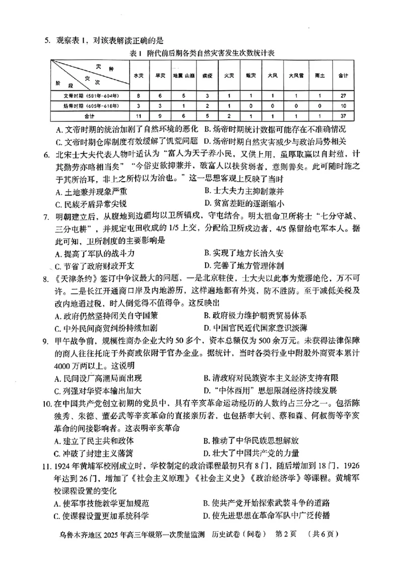 新疆乌鲁木齐地区2025年高三年级第一次质量监测历史+答案_2025年1月_250123新疆乌鲁木齐地区2025年高三年级第一次质量监测