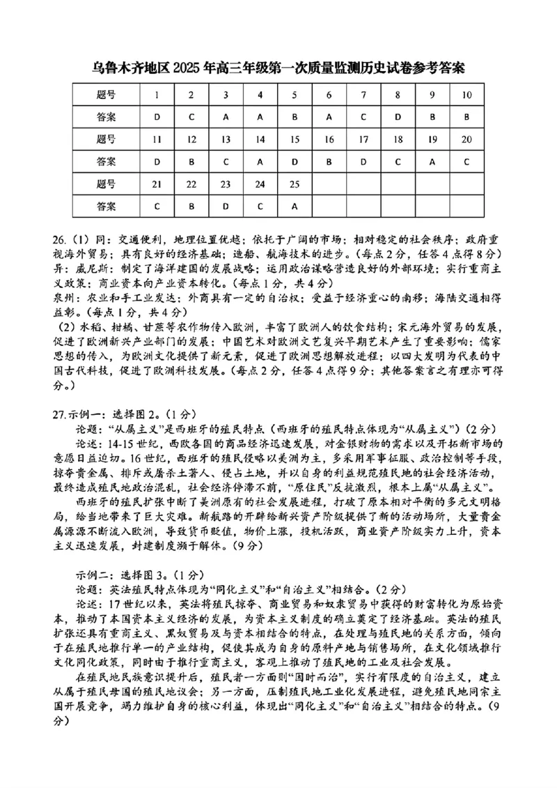 新疆乌鲁木齐地区2025年高三年级第一次质量监测历史+答案_2025年1月_250123新疆乌鲁木齐地区2025年高三年级第一次质量监测