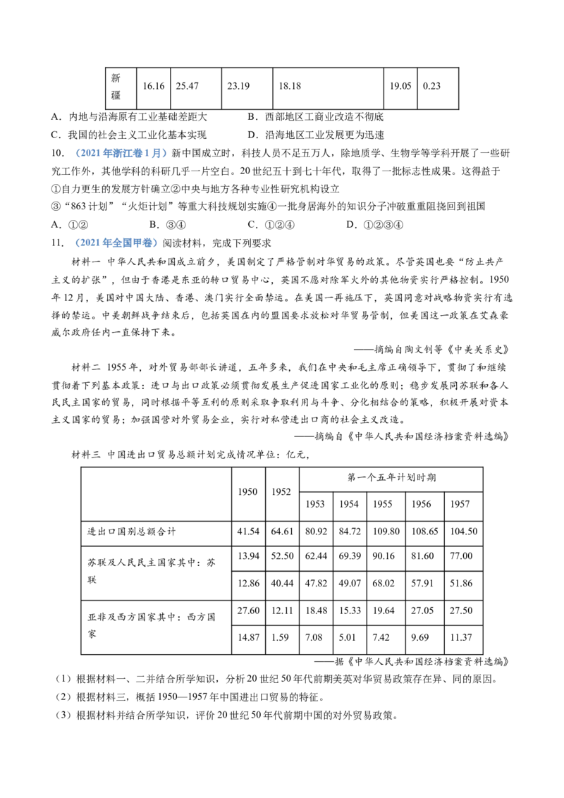 专题09中华人民共和国成立和社会主义革命与建设（学生卷）_近10年高考真题汇编（必刷）_十年（2014-2024）高考历史真题分项汇编（全国通用）