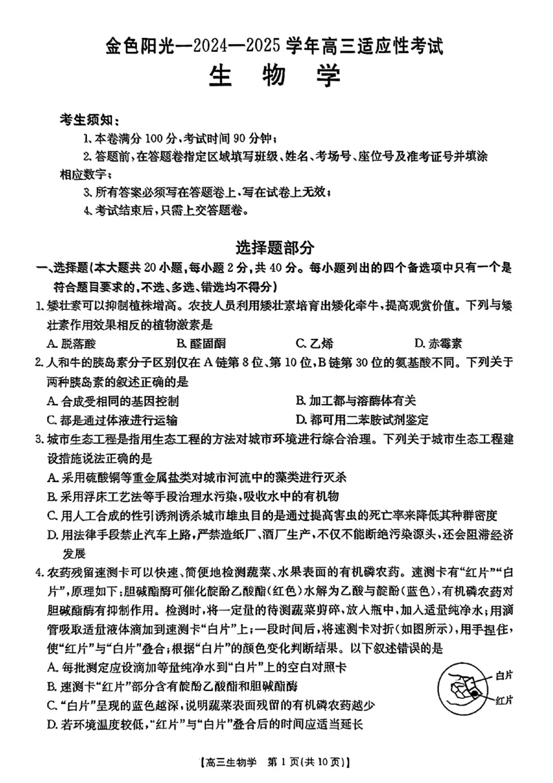 浙江省金色阳光2024-2025学年高三下学期2月适应性考试生物_2025年2月_250223浙江省金色阳光2024-2025学年高三下学期2月适应性考试（全科）