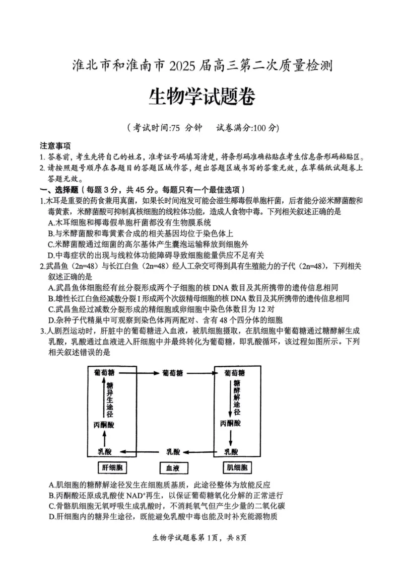 生物安徽省淮北市和淮南市2025届高三第二次质量检测（南北二模）_2025年4月_250424安徽省淮北市和淮南市2025届高三第二次质量检测（全科）