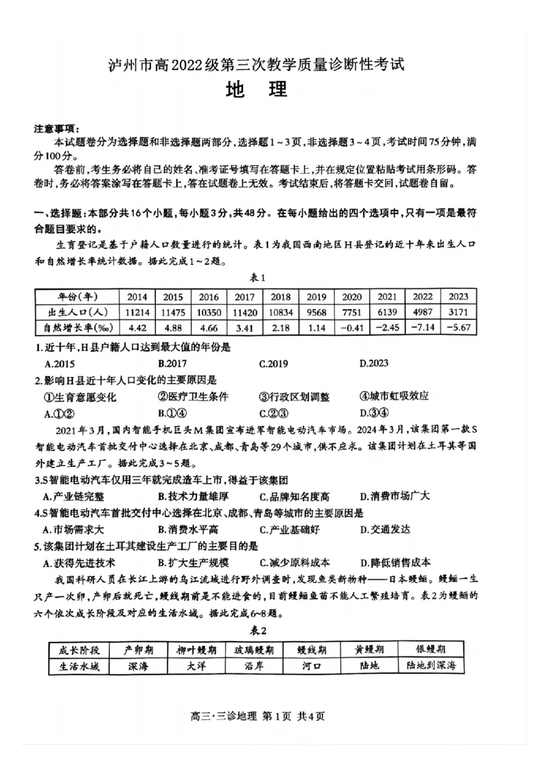 四川省泸州市高2022级第三次教学质量诊断性考试地理_2025年4月_250418四川省泸州市高2022级第三次教学质量诊断性考试（泸州三诊）（全科）