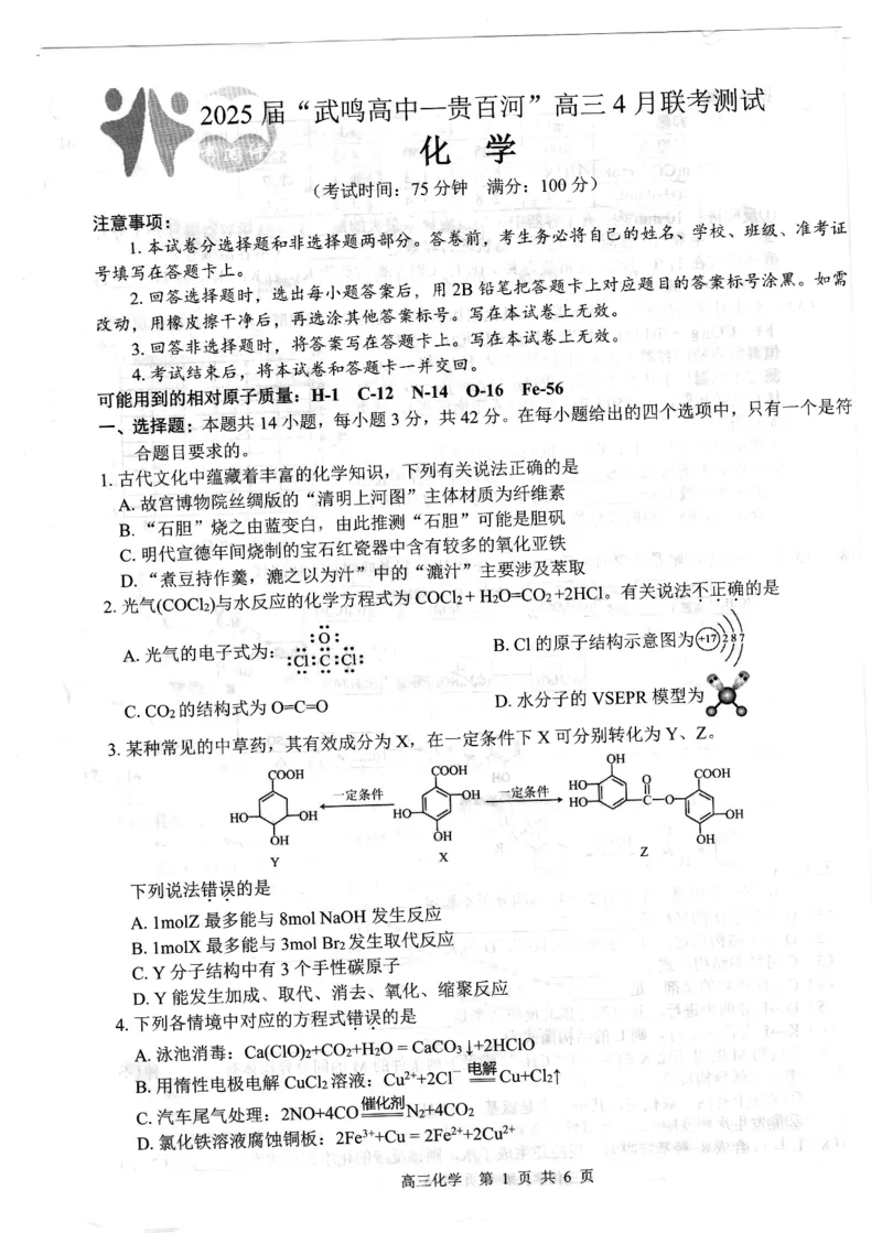 广西壮族自治区&ldquo;武鸣高中-贵百河&rdquo;2025届高三下学期4月联考化学_2025年4月_250406广西壮族自治区&ldquo;武鸣高中-贵百河&rdquo;2025届高三下学期4月联考