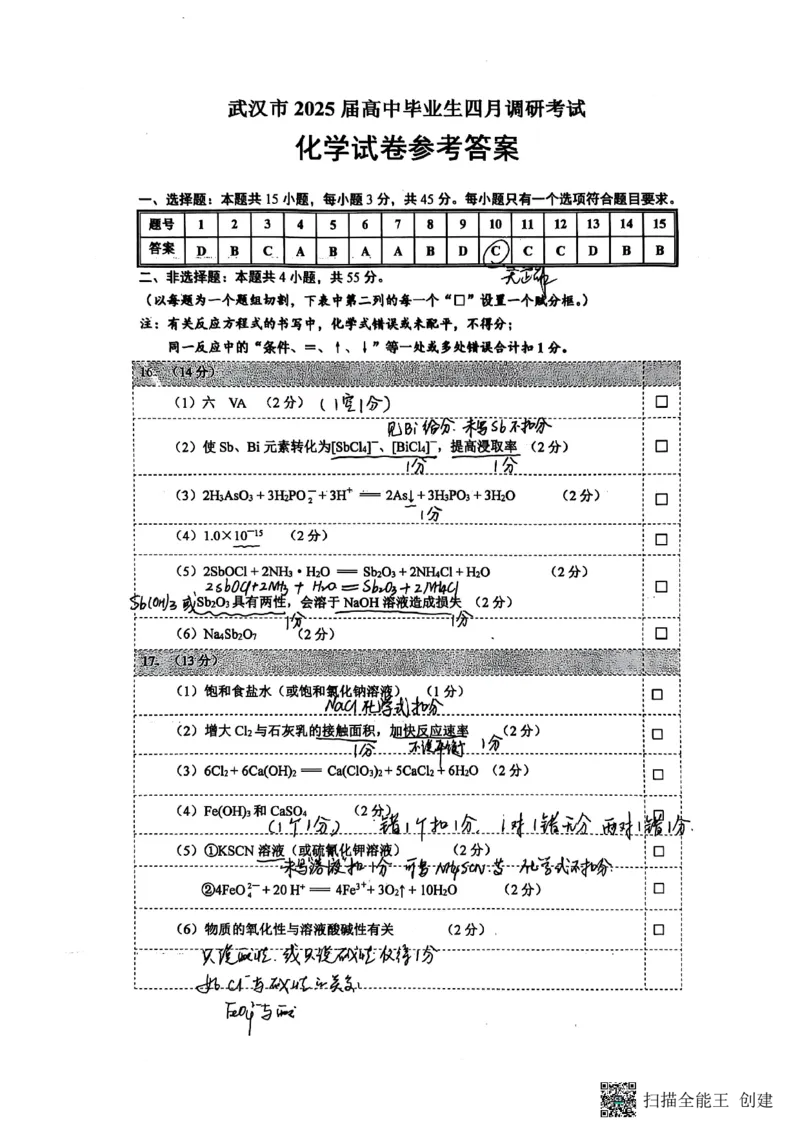 湖北省武汉市2025届高中毕业生四月调研考试化学答案_2025年4月_250418湖北省武汉市2025届高中毕业生四月调研考试（全科）_湖北省武汉市2025届高中毕业生四月调研考试化学